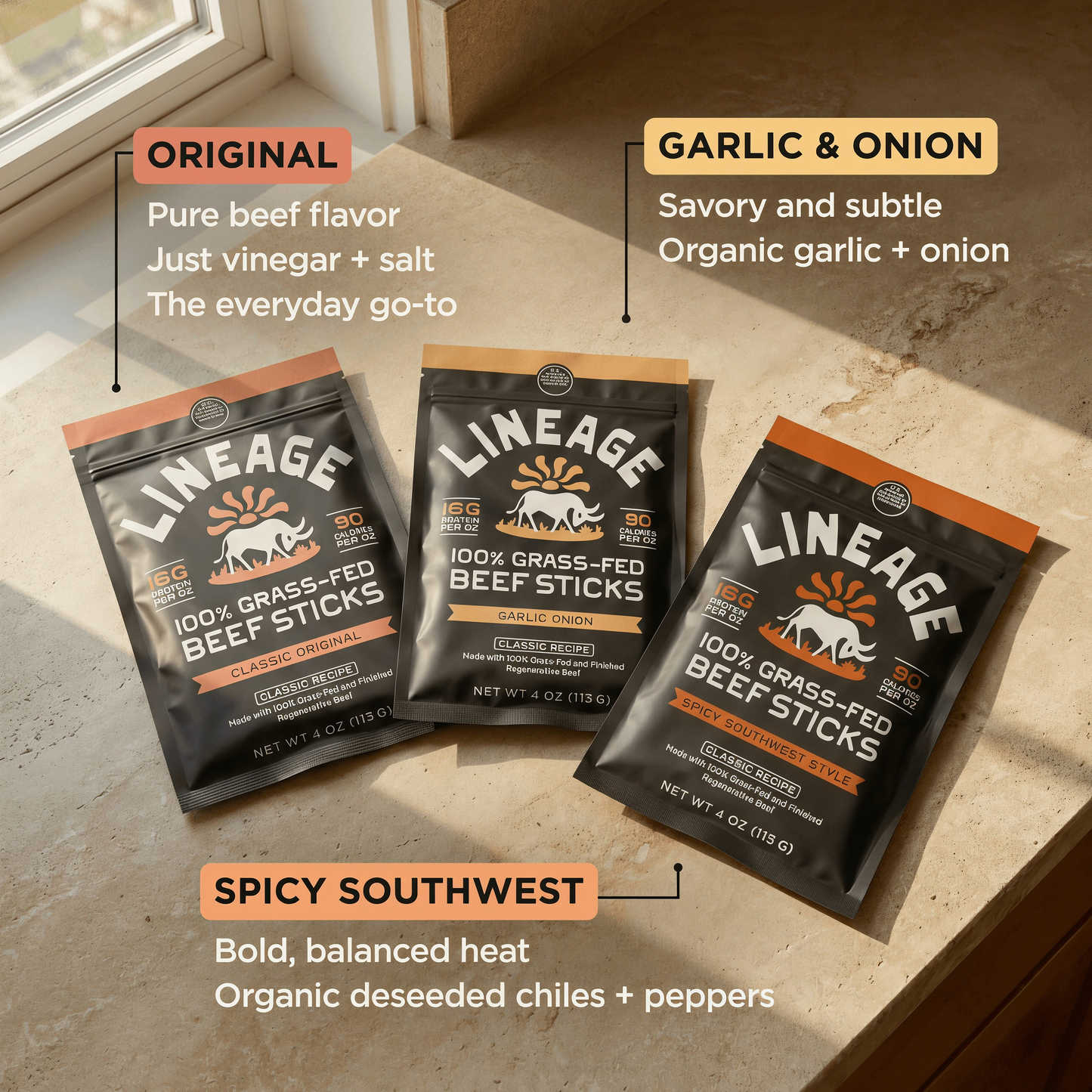 Lineage Provisions  100% Grass-Fed Beef Sticks – Ancestral Variety Pack